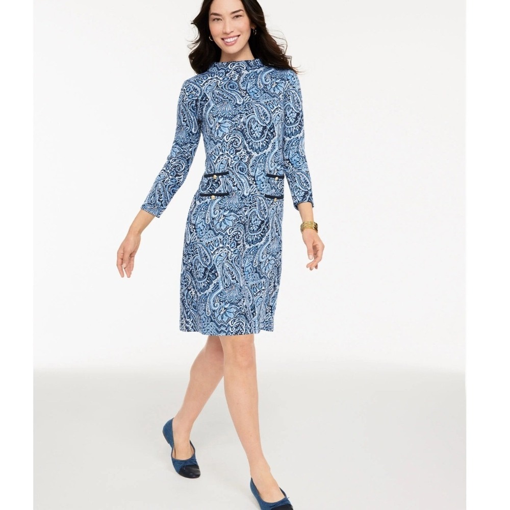 Talbots Paisley Shift Dress Blue Navy Jacquard Mod Knit 3/4 Sleeve New Sz 10